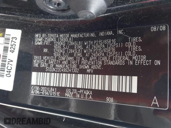2009 Toyota Sienna XLE with VIN 5TDZK22C49S241302, listed as a IAAI auction lot 42625825 with 220,231 mi miles and . Bid and sale history available at DreamBid. Image 9.