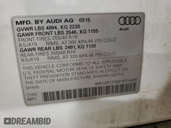 2015 Audi Q3 2.0T Prestige with VIN WA1GFCFS8FR014489, listed as a Copart auction lot 45964755 with 131,099 mi miles and Clean Title. Bid and sale history available at carsss.com. Image 13.