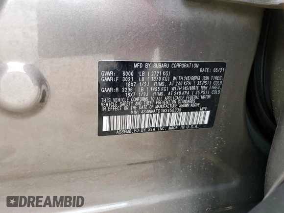 2021 Subaru Ascent Premium with VIN 4S4WMAFD1M3450335, listed as a Copart auction lot 63652195 with 79,980 mi miles and Salvage title. Bid and sale history available at DreamBid. Image 13.