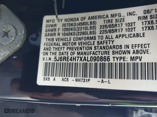 2010 Honda CR-V EX-L with VIN 5J6RE4H7XAL090866, listed as a IAAI auction lot 41782031 with 194,023 mi miles. Bid and sale history available at carsss.com. Image 9.