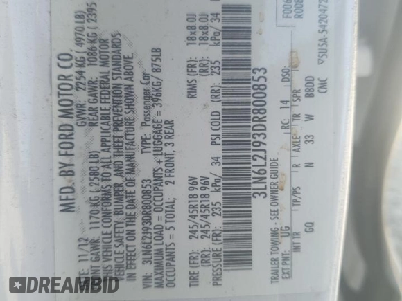 2013 Lincoln MKZ z VIN 3LN6L2J93DR800853, wystawiony jako Copart lot #65754965 z przebiegiem 87 322 mil mil oraz Szkoda całkowita • Salvage title. Historia ofert i sprzedaży dostępna na DreamBid. Obrazek 12.