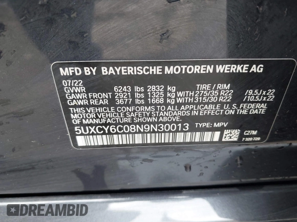2022 BMW X6 xDrive40i z VIN 5UXCY6C08N9N30013, wystawiony jako IAAI lot #41772245 z przebiegiem 23 198 mil mil oraz . Historia ofert i sprzedaży dostępna na DreamBid. Obrazek 9.