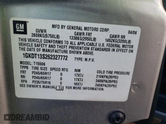 2006 GMC Envoy SLE with VIN 1GKDT13S262327772, listed as a Copart auction lot 85270134 with 242,390 mi miles and Salvage Title. Bid and sale history available at carsss.com. Image 15.