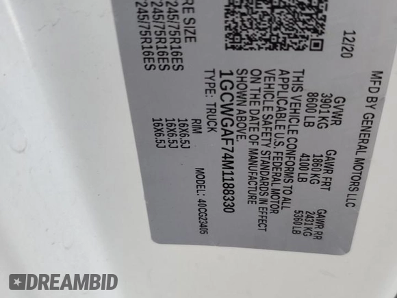 2021 Chevrolet Express Cargo с VIN 1GCWGAF74M1188330, выставлен на аукционе Copart как лот 62999155 с пробегом 244 155 миль миль и Чистый • Clean title. История ставок и продаж доступна на DreamBid. Изображение 12.