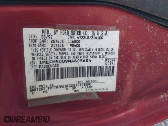 1998 Mercury Sable GS with VIN 1MEFM50U9WA605604, listed as a IAAI auction lot 41809408 with 142,175 mi miles and . Bid and sale history available at DreamBid. Image 9.