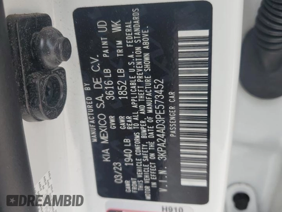 2023 Kia Rio S with VIN 3KPA24AD3PE573452, listed as a Copart auction lot 68249544 with 12,001 mi miles and Non Repairable. Bid and sale history available at DreamBid. Image 15.