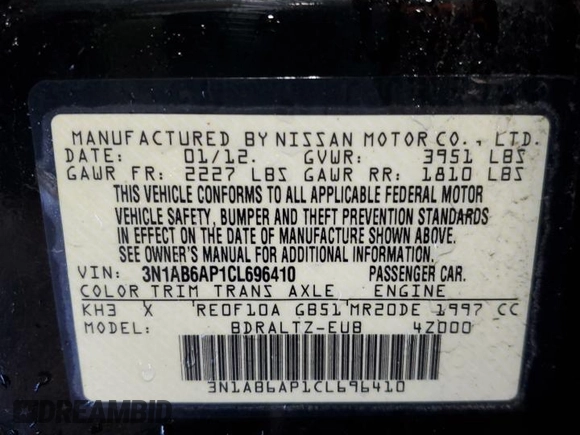 2012 Nissan Sentra S with VIN 3N1AB6AP1CL696410, listed as a Copart auction lot 50416095 with 97,218 mi miles and Salvage Title. Bid and sale history available at DreamBid. Image 13.