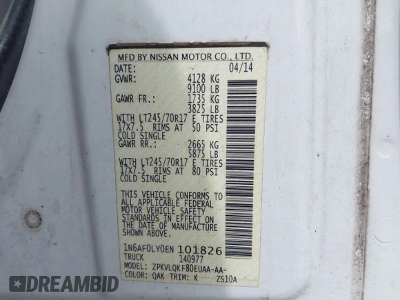 2014 Nissan NV S with VIN 1N6AF0LY0EN101826, listed as a IAAI auction lot 42300946 with 275,721 mi miles and . Bid and sale history available at DreamBid. Image 9.