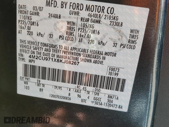 2008 Mercury Mariner Premier with VIN 4M2CU971X8KJ08267, listed as a Copart auction lot 76692304 with 252,481 mi miles and Salvage Title. Bid and sale history available at carsss.com. Image 12.