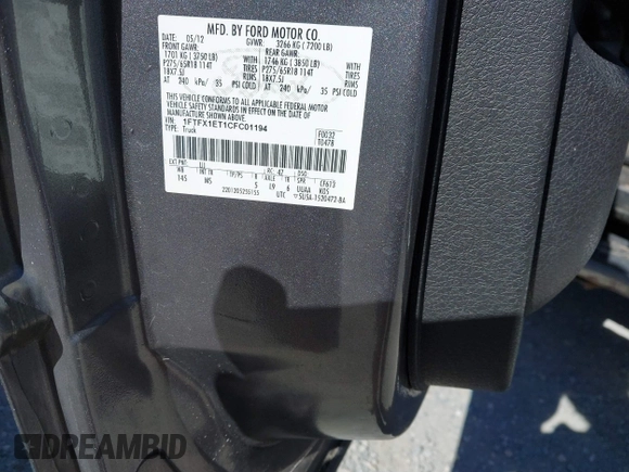 2012 Ford F-150 XL with VIN 1FTFX1ET1CFC01194, listed as a IAAI auction lot 41845414 with 202,050 mi miles. Bid and sale history available at carsss.com. Image 9.