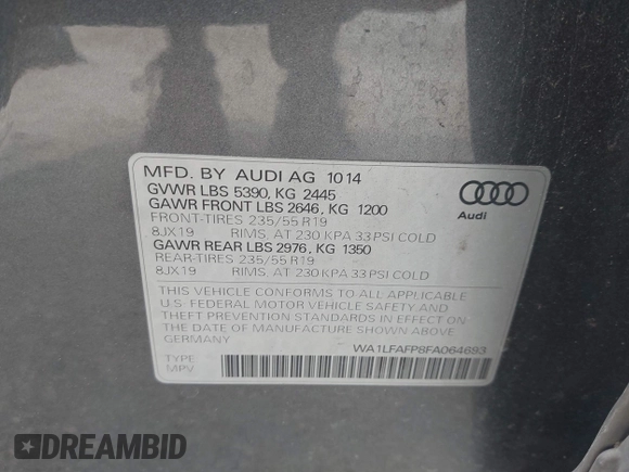 2015 Audi Q5 Premium Plus with VIN WA1LFAFP8FA064693, listed as a IAAI auction lot 42423638 with 122,177 mi miles and . Bid and sale history available at DreamBid. Image 9.