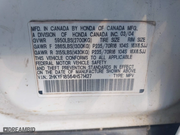 2004 Honda Pilot EX with VIN 2HKYF18564H571427, listed as a IAAI auction lot 41867906 with 359,577 mi miles. Bid and sale history available at carsss.com. Image 9.