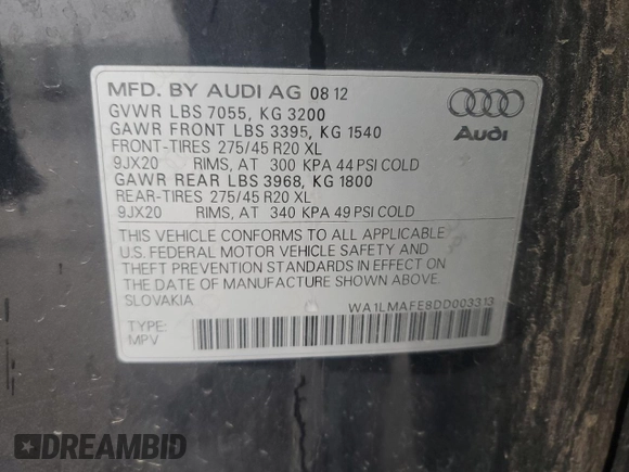 2013 Audi Q7 Premium Plus with VIN WA1LMAFE8DD003313, listed as a Copart auction lot 55308525 with 145,816 mi miles and Salvage title. Bid and sale history available at DreamBid. Image 13.