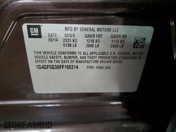 2015 Buick LaCrosse Premium II with VIN 1G4GF5G38FF166214, listed as a Copart auction lot 45021765 with 304,439 mi miles and Salvage Title. Bid and sale history available at DreamBid. Image 13.