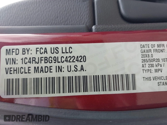 2020 Jeep Grand Cherokee Limited with VIN 1C4RJFBG9LC422420, listed as a IAAI auction lot 42493083 with 60,491 mi miles and . Bid and sale history available at DreamBid. Image 9.