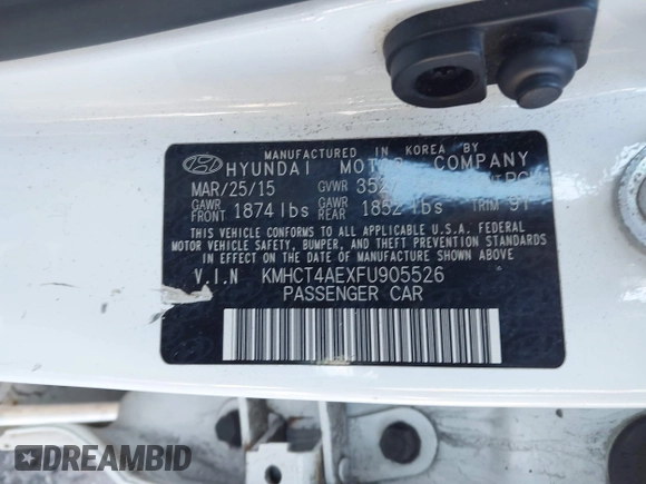 2015 Hyundai Accent GLS with VIN KMHCT4AEXFU905526, listed as a IAAI auction lot 41740175 with 104,023 mi miles and . Bid and sale history available at carsss.com. Image 9.