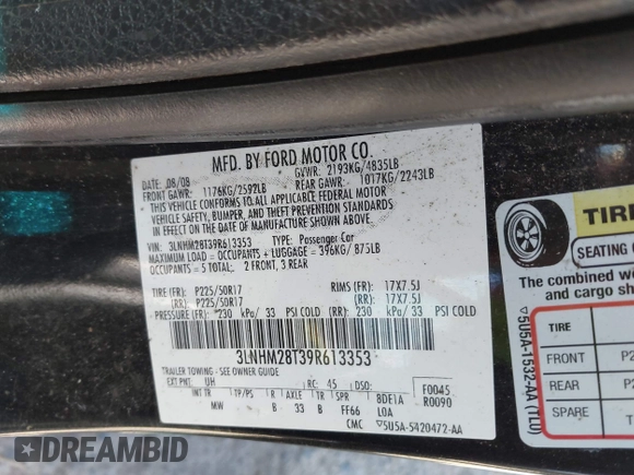 2009 Lincoln MKZ with VIN 3LNHM28T39R613353, listed as a IAAI auction lot 42644600 with 243,902 mi miles and . Bid and sale history available at DreamBid. Image 9.
