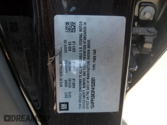 2015 Buick Verano z VIN 1G4PP5SK3F4152681, wystawiony jako Copart lot #61830975 z przebiegiem 191 428 mil mil oraz Czysty tytuł • Clean title. Historia ofert i sprzedaży dostępna na DreamBid. Obrazek 12.