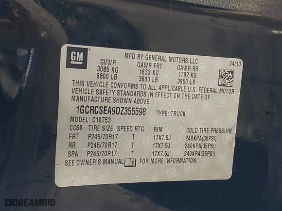 2013 Chevrolet Silverado 1500 LT with VIN 1GCRCSEA9DZ355598, listed as a IAAI auction lot 41297558 with 121,577 mi miles. Bid and sale history available at carsss.com. Image 9.