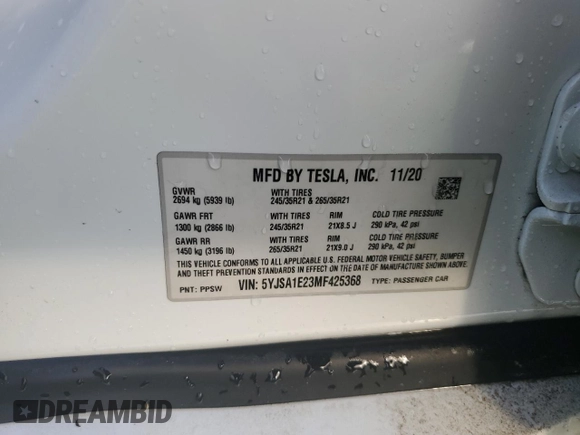 2021 Tesla Model S Long Range Plus z VIN 5YJSA1E23MF425368, wystawiony jako Copart lot #73956634 z przebiegiem Nie podano mil oraz Nie do naprawy • Non repairable. Historia ofert i sprzedaży dostępna na DreamBid. Obrazek 14.
