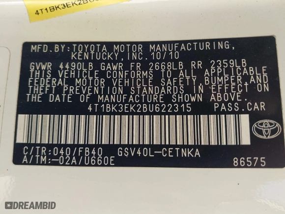 2011 Toyota Camry LE with VIN 4T1BK3EK2BU622315, listed as a IAAI auction lot 41467344 with 91,675 mi miles. Bid and sale history available at carsss.com. Image 9.