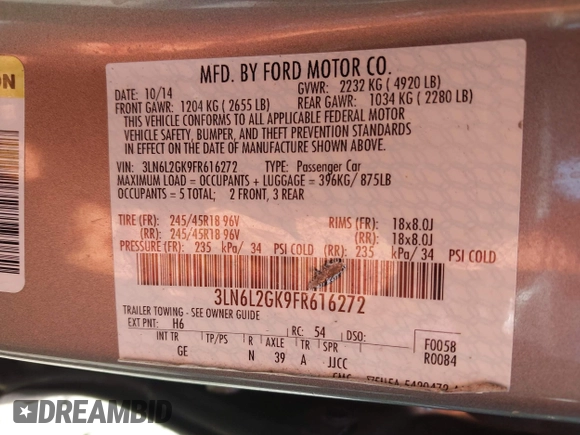 2015 Lincoln MKZ with VIN 3LN6L2GK9FR616272, listed as a IAAI auction lot 42142551 with Not Provided miles and . Bid and sale history available at DreamBid. Image 9.