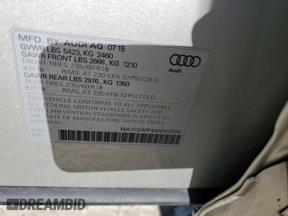 2016 Audi Q5 Premium with VIN WA1C2AFP4GA022504, listed as a Copart auction lot 82591004 with 66,083 mi miles and Salvage Title. Bid and sale history available at carsss.com. Image 12.