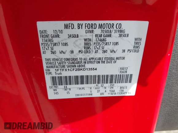 2011 Ford F-150 XL with VIN 1FTFX1CF2BKD13554, listed as a IAAI auction lot 42069212 with 321,059 mi miles and . Bid and sale history available at DreamBid. Image 9.