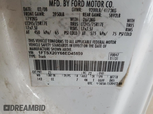 2008 Ford Super Duty F-250 SRW XL with VIN 1FTSX20Y68ED45859, listed as a Copart auction lot 48978735 with 438,078 mi miles and Salvage Title. Bid and sale history available at carsss.com. Image 14.