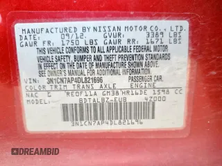 2013 Nissan Versa SV with VIN 3N1CN7AP4DL821696, listed as a Copart auction lot 62161375 with 165,579 mi miles and Salvage title. Bid and sale history available at DreamBid. Image 12.
