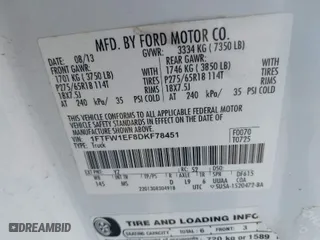 2013 Ford F-150 XL with VIN 1FTFW1EF8DKF78451, listed as a IAAI auction lot 41807734 with 228,060 mi miles. Bid and sale history available at carsss.com. Image 9.