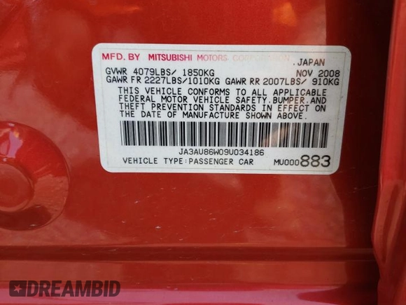 2009 Mitsubishi Lancer with VIN JA3AU86W09U034186, listed as a Copart auction lot 54118385 with 113,346 mi miles and Salvage Title. Bid and sale history available at DreamBid. Image 13.