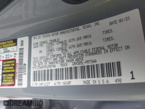 2021 Toyota Tacoma SR with VIN 5TFCZ5AN3MX258746, listed as a IAAI auction lot 42252967 with 62,095 mi miles and . Bid and sale history available at DreamBid. Image 9.