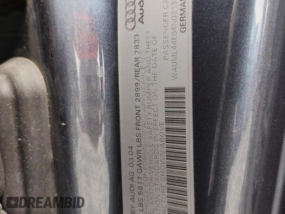 2004 Audi A8 with VIN WAUML44E04N021359, listed as a Copart auction lot 63251205 with 68,626 mi miles and Salvage title. Bid and sale history available at DreamBid. Image 12.