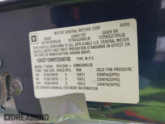 2000 GMC Jimmy SLE Convenience z VIN 1GKDT13W8Y2340743, wystawiony jako IAAI lot #41393906 z przebiegiem 196 520 mil mil oraz . Historia ofert i sprzedaży dostępna na DreamBid. Obrazek 9.