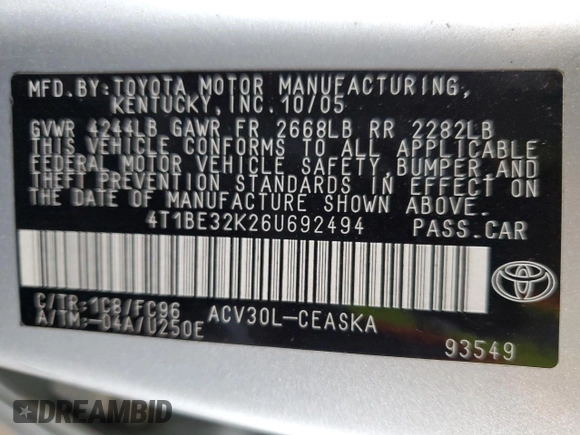 2006 Toyota Camry STD with VIN 4T1BE32K26U692494, listed as a Copart auction lot 51316195 with 268,087 mi miles and Salvage Title. Bid and sale history available at DreamBid. Image 12.