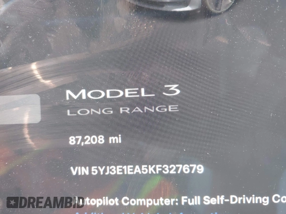 2019 Tesla Model 3 Mid Range with VIN 5YJ3E1EA5KF327679, listed as a IAAI auction lot 41804379 with 87,208 mi miles and . Bid and sale history available at DreamBid. Image 7.