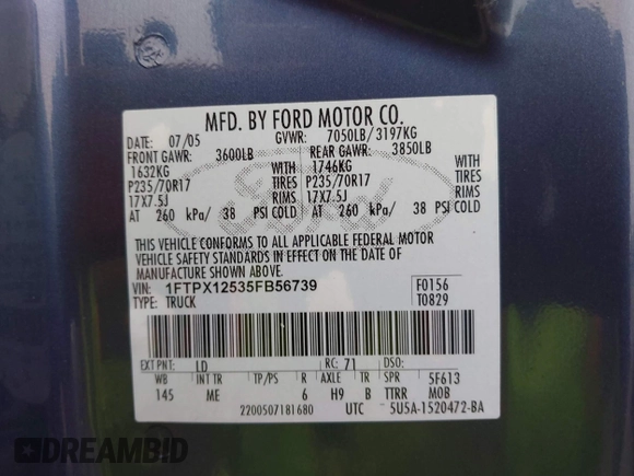 2005 Ford F-150 XLT z VIN 1FTPX12535FB56739, wystawiony jako IAAI lot #42385837 z przebiegiem Nie podano mil oraz . Historia ofert i sprzedaży dostępna na DreamBid. Obrazek 9.