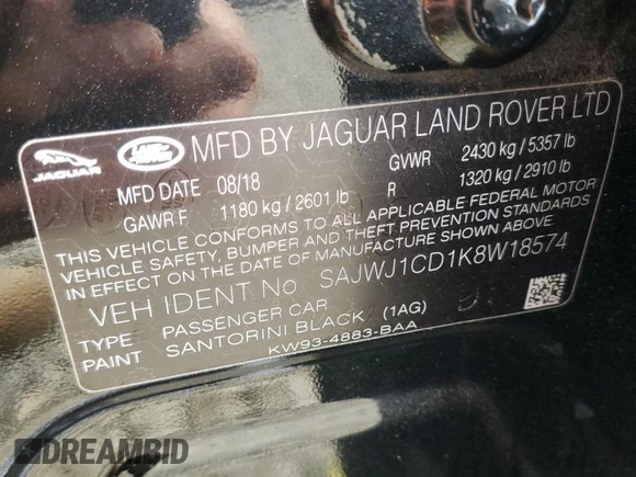 2019 Jaguar XJ R-Sport with VIN SAJWJ1CD1K8W18574, listed as a Copart auction lot 65041445 with 101,072 mi miles and Clean title. Bid and sale history available at DreamBid. Image 12.