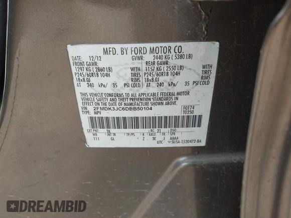 2013 Ford Edge SEL with VIN 2FMDK3JC6DBB50104, listed as a IAAI auction lot 41830242 with 189,186 mi miles. Bid and sale history available at carsss.com. Image 9.