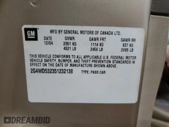 2005 Buick LaCrosse CXL z VIN 2G4WD532351232138, wystawiony jako Copart lot #53446425 z przebiegiem 146 054 mil mil oraz Szkody całkowita. Historia ofert i sprzedaży dostępna na DreamBid. Obrazek 12.