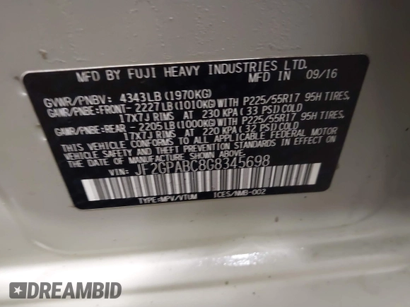 2016 Subaru Crosstrek Premium z VIN JF2GPABC8G8345698, wystawiony jako IAAI lot #41716350 z przebiegiem 154 159 mil mil oraz . Historia ofert i sprzedaży dostępna na DreamBid. Obrazek 9.