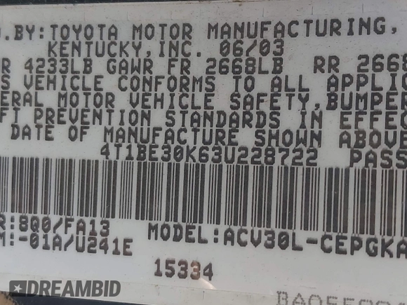 2003 Toyota Camry LE with VIN 4T1BE30K63U228722, listed as a IAAI auction lot 42205293 with 133,806 mi miles and . Bid and sale history available at DreamBid. Image 9.