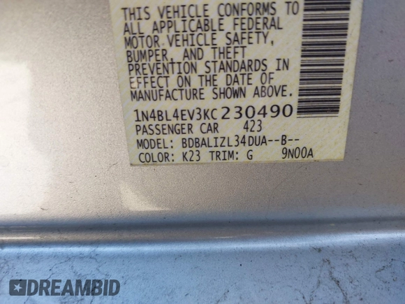 2019 Nissan Altima SL with VIN 1N4BL4EV3KC230490, listed as a IAAI auction lot 41786522 with 113,320 mi miles and . Bid and sale history available at DreamBid. Image 9.