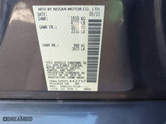 2015 Nissan Altima 2.5 S with VIN 1N4AL3APXFC442757, listed as a IAAI auction lot 41133480 with 154,731 mi miles. Bid and sale history available at carsss.com. Image 9.