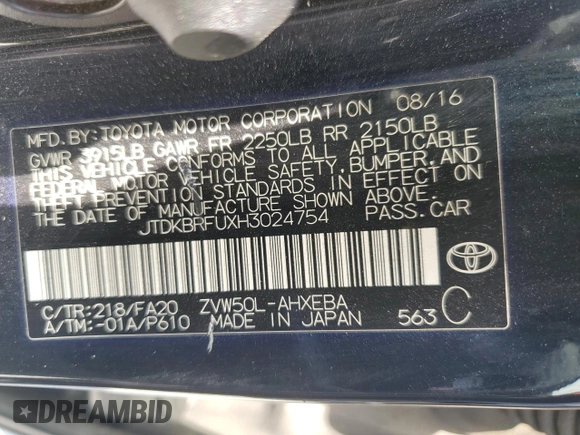 2017 Toyota Prius Two с VIN JTDKBRFUXH3024754, выставлен на аукционе Copart как лот 59633355 с пробегом 258 357 миль миль и Чистый • Clean title. История ставок и продаж доступна на DreamBid. Изображение 13.