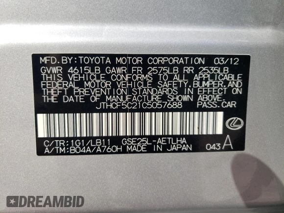 2012 Lexus IS 250 with VIN JTHCF5C21C5057688, listed as a Copart auction lot 49418215 with 152,707 mi miles and Non Repairable. Bid and sale history available at DreamBid. Image 12.