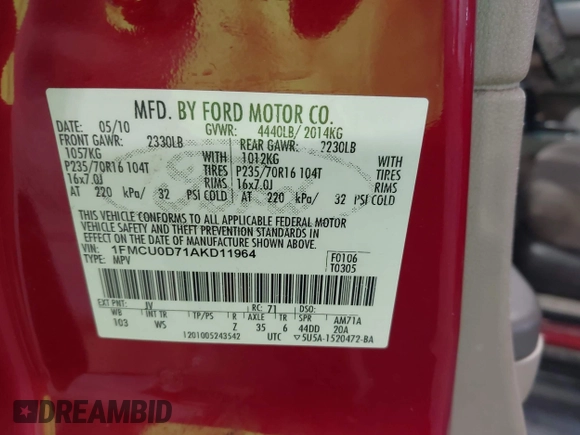 2010 Ford Escape XLT с VIN 1FMCU0D71AKD11964, выставлен на аукционе IAAI как лот 42185902 с пробегом 300 745 миль миль и . История ставок и продаж доступна на DreamBid. Изображение 9.
