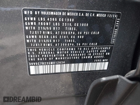 2025 Volkswagen Taos z VIN 3VV5C7B23SM012634, wystawiony jako IAAI lot #42342616 z przebiegiem 4381 mil mil oraz . Historia ofert i sprzedaży dostępna na DreamBid. Obrazek 9.