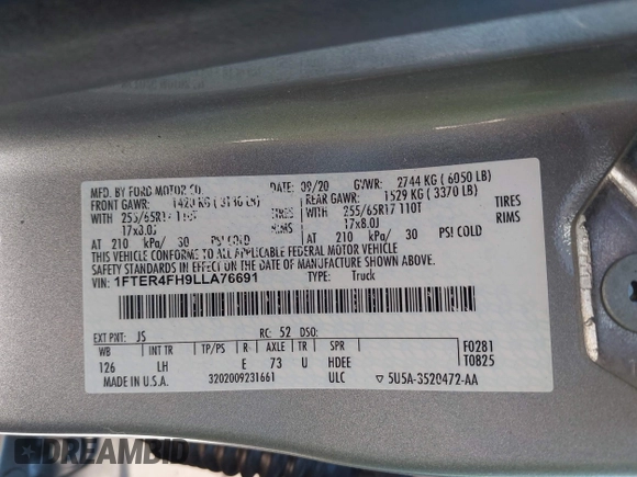 2020 Ford Ranger XL with VIN 1FTER4FH9LLA76691, listed as a IAAI auction lot 42066878 with 95,214 mi miles and . Bid and sale history available at DreamBid. Image 9.